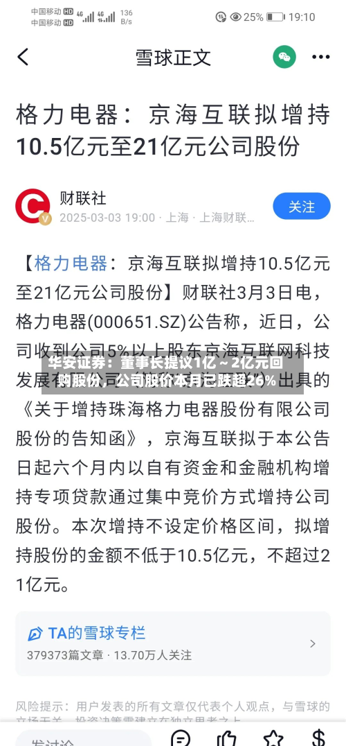 华安证券：董事长提议1亿～2亿元回购股份	，公司股价本月已跌超26%-第2张图片