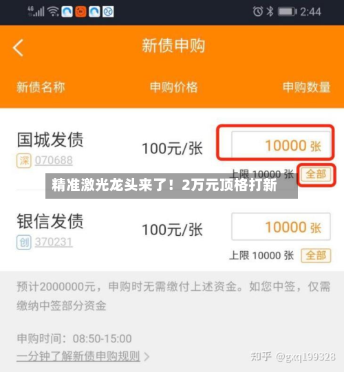 精准激光龙头来了！2万元顶格打新